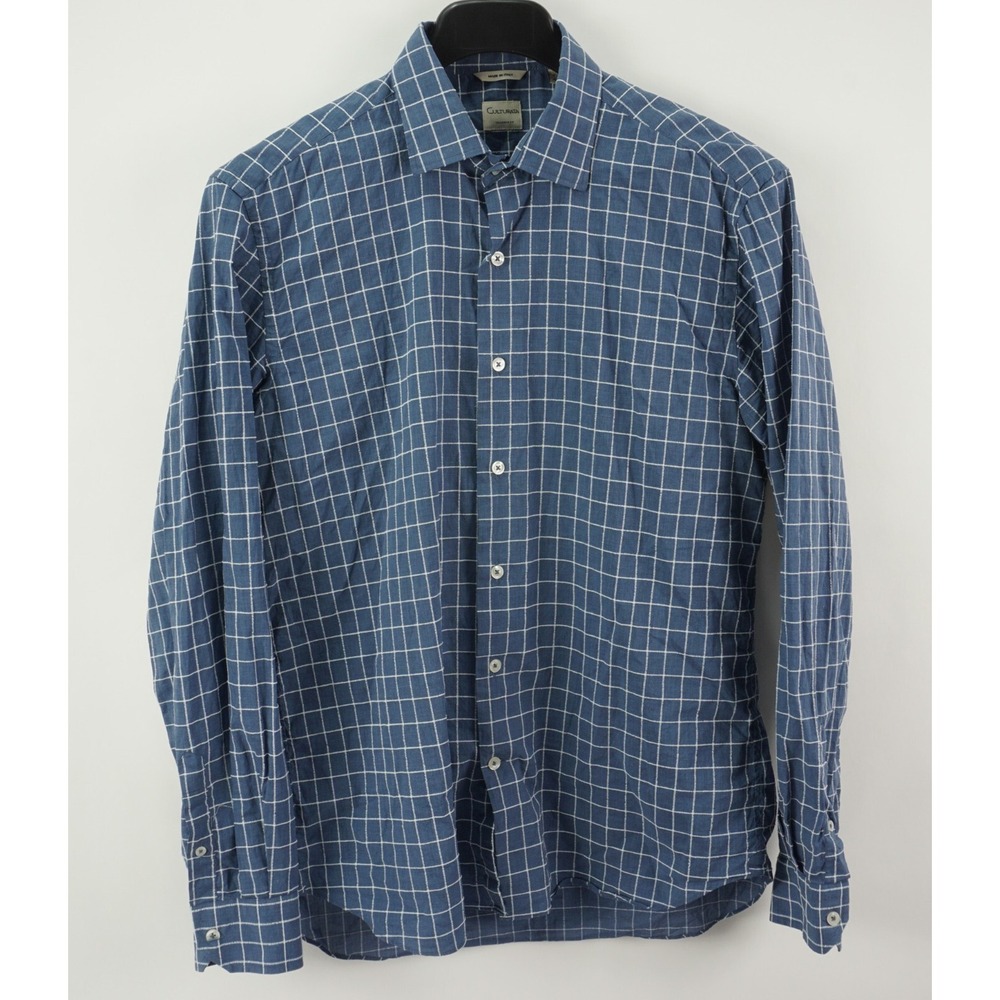 Culturata Men Large Long Sleeve Blue White Jacquard Check Cotton Button Up Shirt